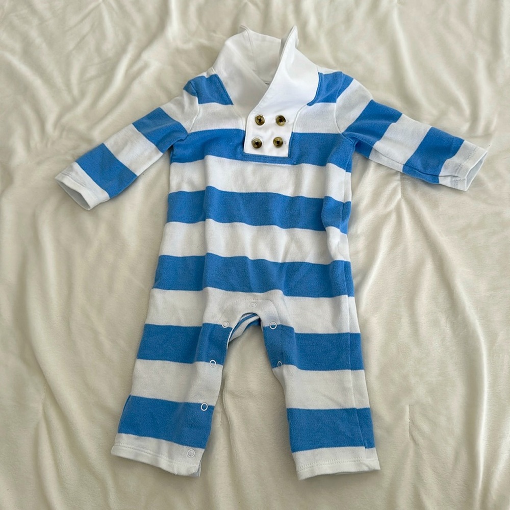 3-6m Janie and Jack collared blue and white striped romper